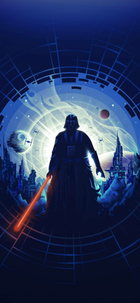 Unleashing the Dark Side: A Striking 4K Star Wars Wallpaper Depicting Darth Vader and his Fiery Red Lightsaber in the Night Sky - iPhone Background