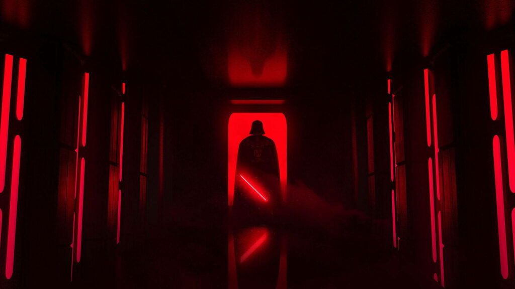 The Power of the Dark Side: A Striking Star Wars Wallpaper Embracing Darth Vader's Silhouette on a Fiery Red Background