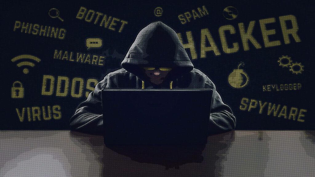 The Dark Side of Cyber: Immersive 4K Illustration of a Cloaked Figure Engaged in Hacking Activities against a Background Infested with Phishing Attempts and Virus Threats Wallpaper