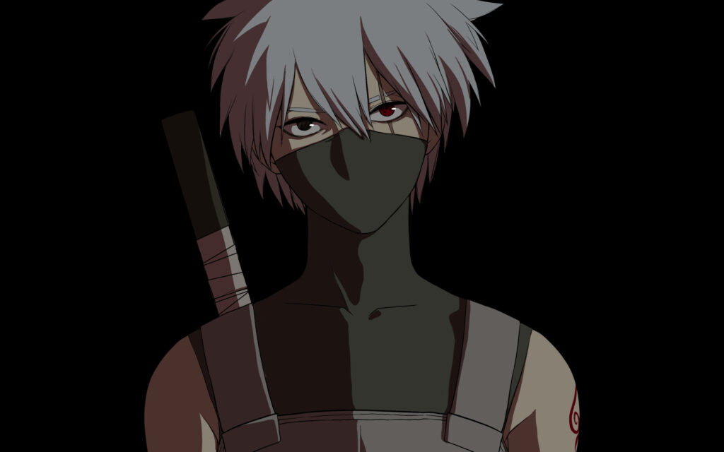 Kakashi ANBU wallpaper with silver hair red Sharingan eye dark mask on black background digital art