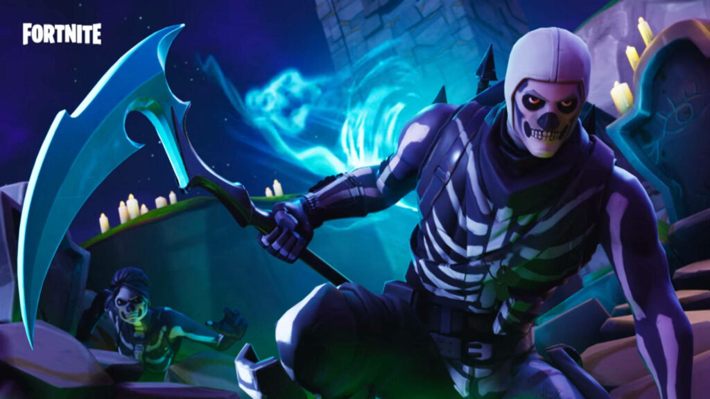 Skull Squad Shadows: Epic Fortnite Characters Embrace the Dark with Fiery Glow Wallpaper