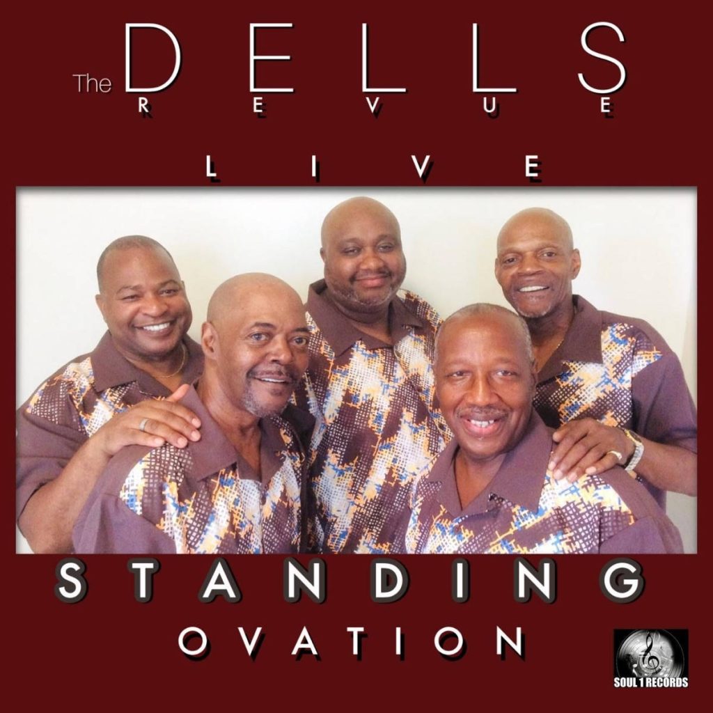 The Dells Revue in brown shirts on maroon background with Standing Ovation title and Soul 1 Records logo Wallpaper