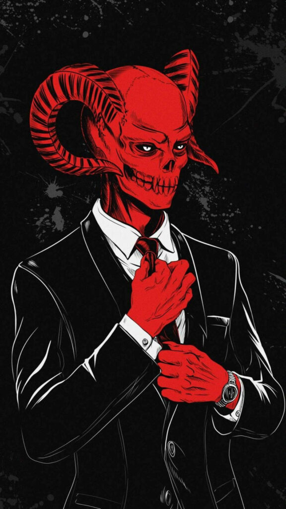 Darkly Dapper: The Distinguished Devil Boss Tidies His Tie in Shadowy Surroundings Wallpaper