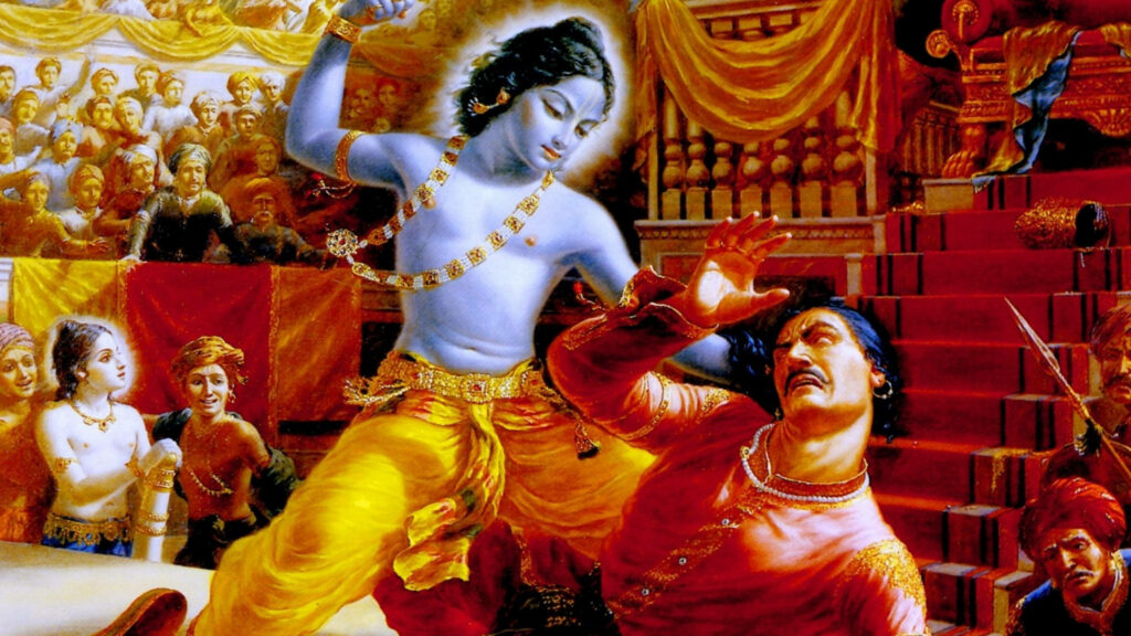 Krishna's Epic Battle Against Kamsa: A 4k Spectacle with a Crowd Wallpaper