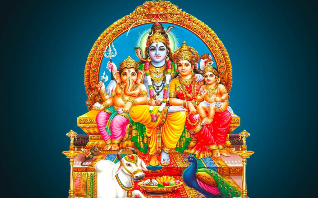 The Divine Enthronement: Lord Shiva and His Divine Family Gracefully Reign on a Majestic Golden Throne Wallpaper