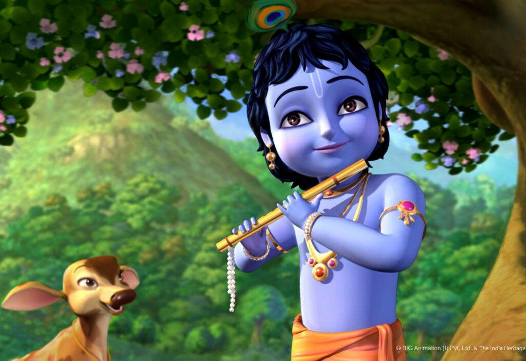 The Divine Melody: Young Rama and His Enchanted Deer Companion in an Animated Cartoon Realm Wallpaper