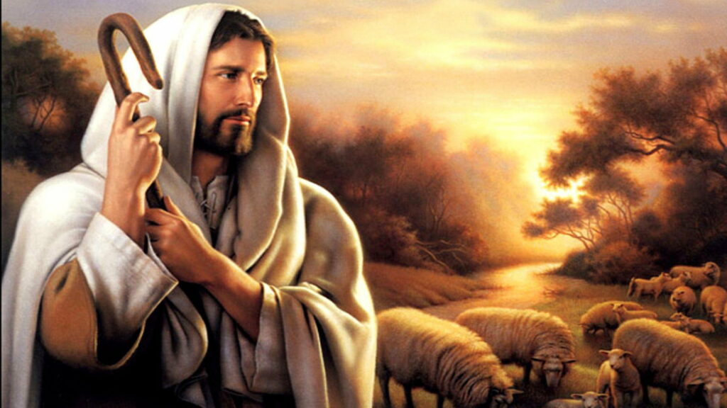Divine Shepherd: Jesus Embracing His Flock in a Serene HD Wallpaper