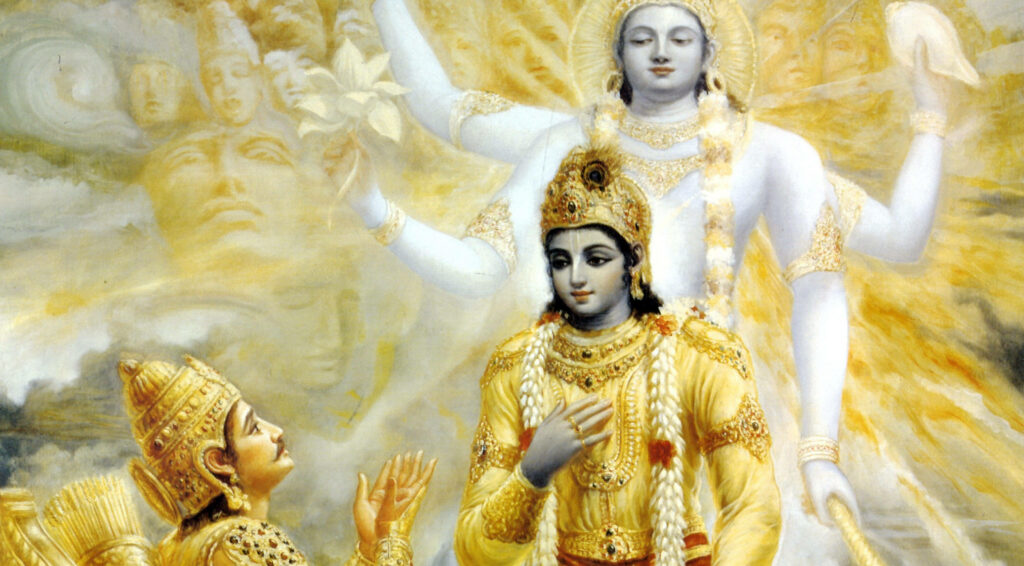 The Divine Gathering: Lord Krishna Embracing Arjuna amidst the 33 Celestial Deities in a Majestic 4k Background Wallpaper