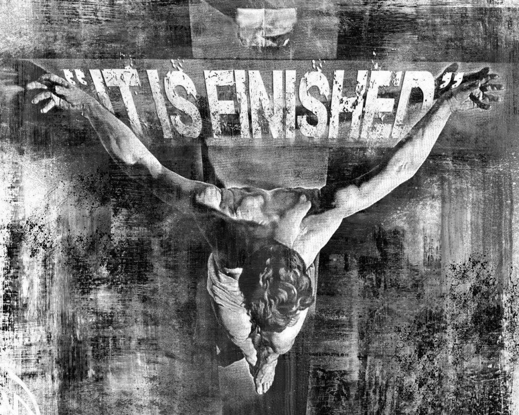 The Crucifixion: A Textured, Monochromatic Depiction of Jesus' Final Words, 'It Is Finished' Wallpaper