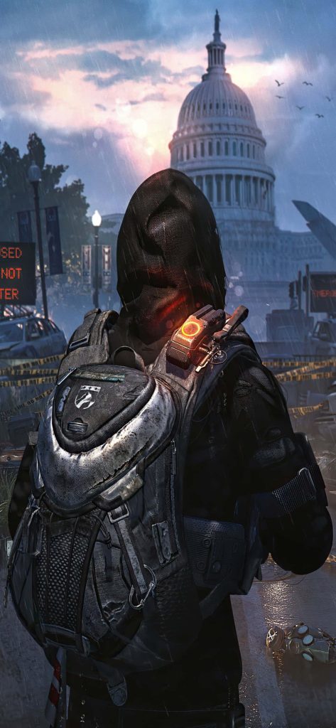 The Division 2 SHD agent in tactical gear with glowing device near rainy Capitol building wallpaper