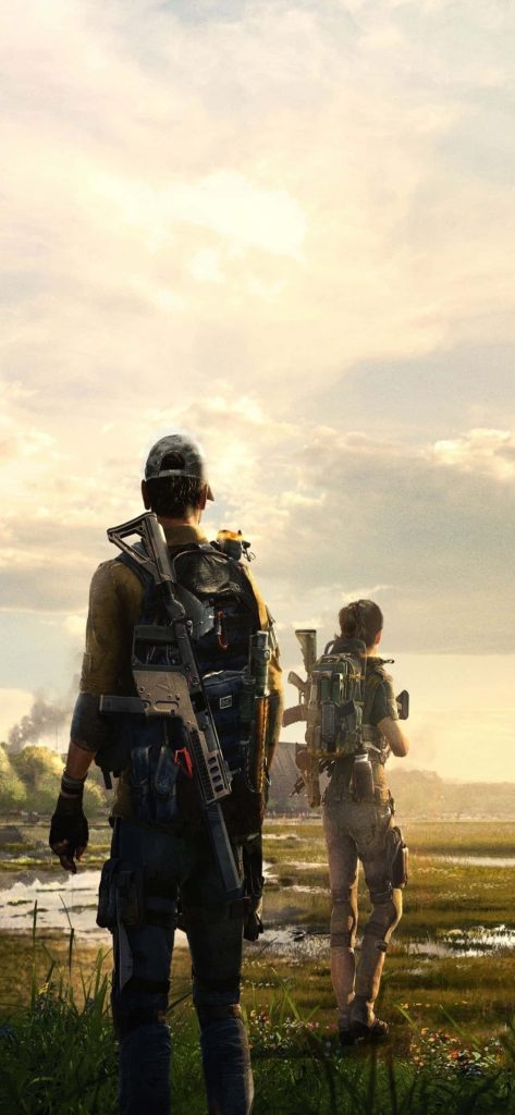 Two heavily armed SHD Agents stand in overgrown post-apocalyptic landscape at sunset wallpaper