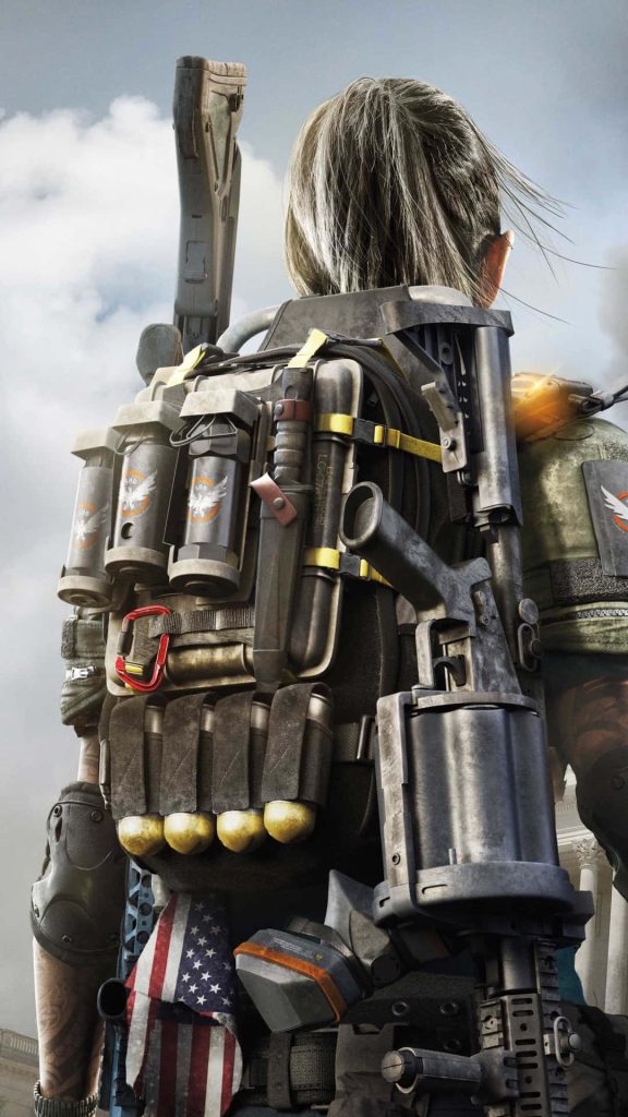 The Division 2 SHD agent with rotary grenade launcher and tactical backpack digital art wallpaper