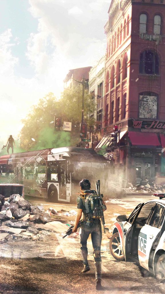 The Division Agent in tactical gear explores sunlit post-apocalyptic city ruins wallpaper