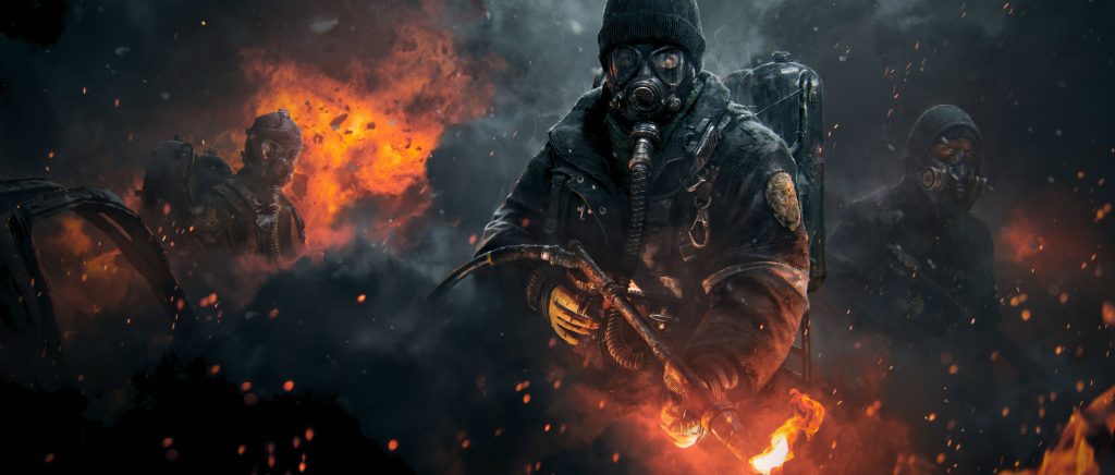 The Division Cleaners faction soldiers in gas masks and firefighting gear in smoky fire background Wallpaper