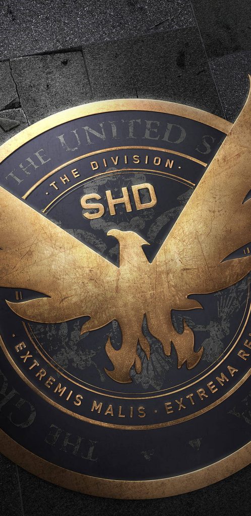 The Division gold SHD eagle emblem on dark metallic textured background wallpaper
