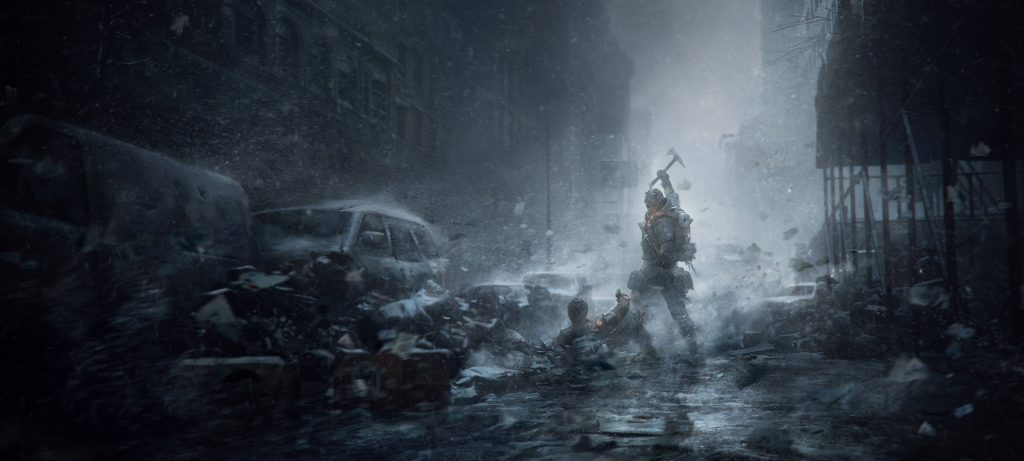 Hunter fighting in snowy post-apocalyptic New York City street The Division wallpaper background