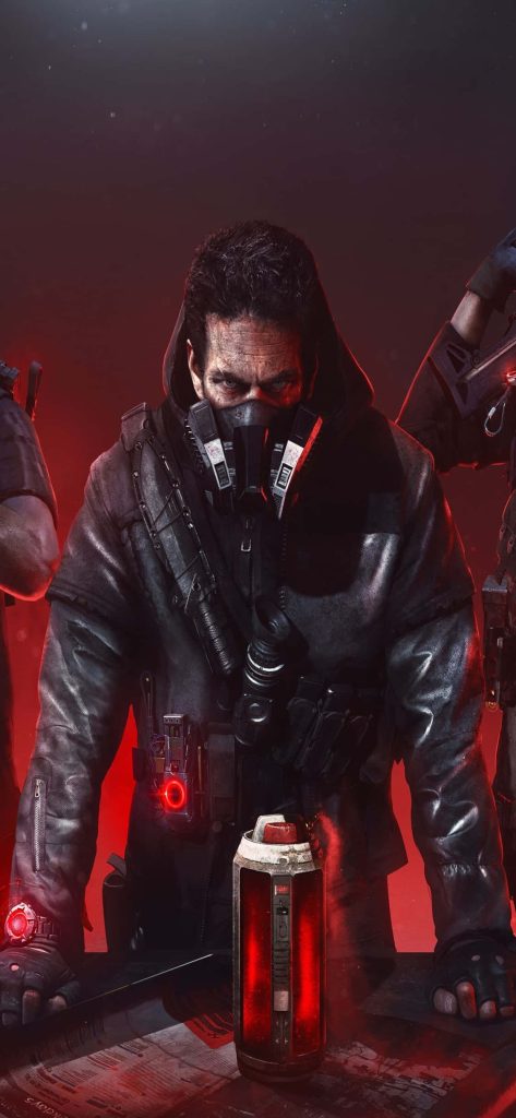 Aaron Keener from The Division in hood and gas mask with glowing tech canister in red light Wallpaper