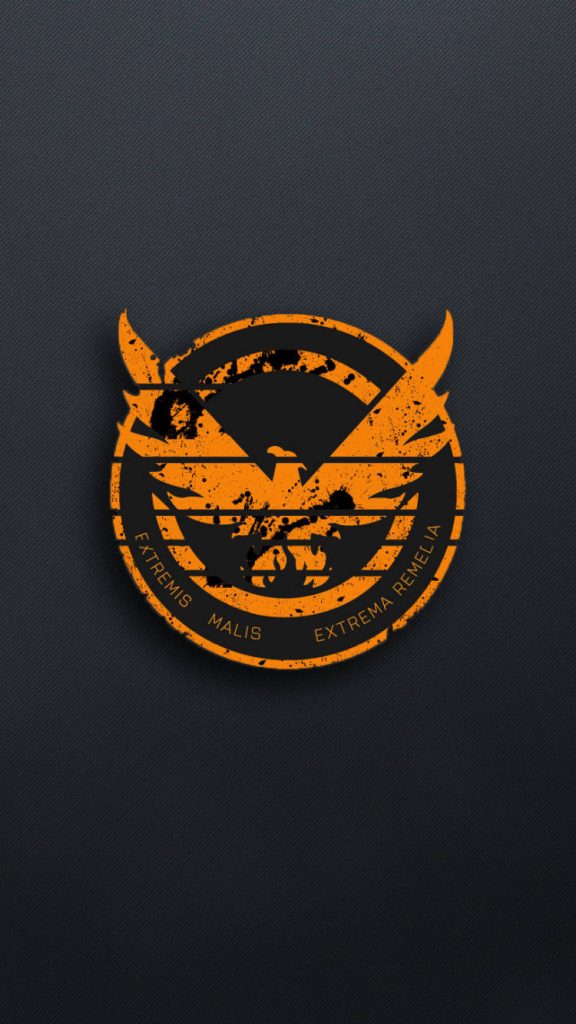 Weathered bright orange SHD Phoenix emblem with Latin motto on dark charcoal textured wallpaper