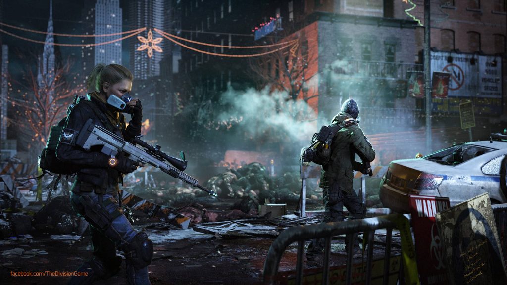 The Division agents navigating snowy ruined NYC street cinematic post-apocalyptic wallpaper
