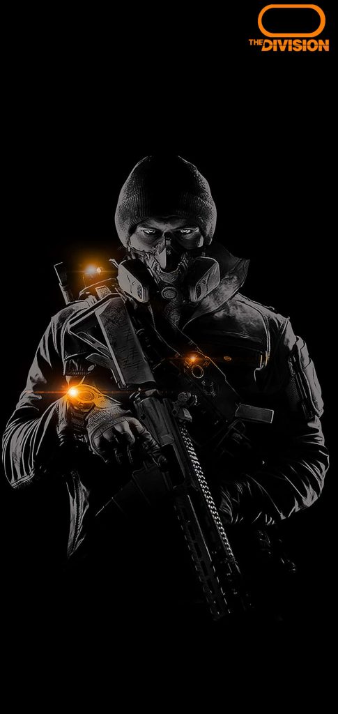 The Division tactical agent gas mask black background vibrant orange SHD watch rifle optics wallpaper