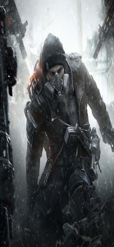 Tactical agent in beanie and gas mask in snowy post-apocalyptic The Division digital art wallpaper