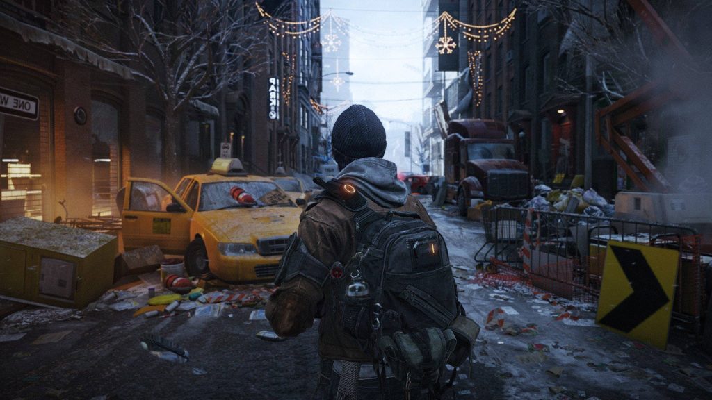 Tactical agent in snowy post-apocalyptic New York with yellow taxi and festive holiday lights Wallpaper