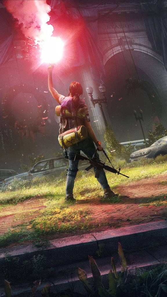 The Division agent signaling with red flare in overgrown post-apocalyptic urban landscape wallpaper