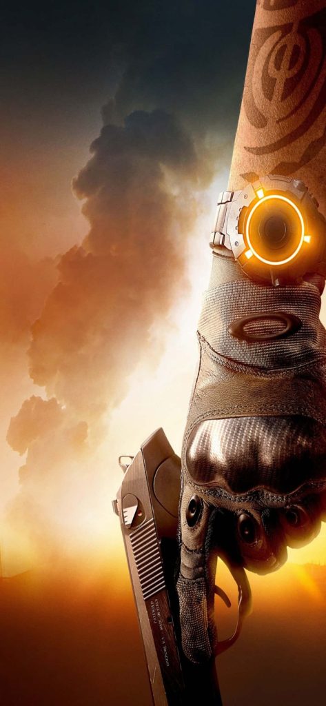 Tactical hand holding pistol with glowing orange SHD watch in post-apocalyptic Division wallpaper