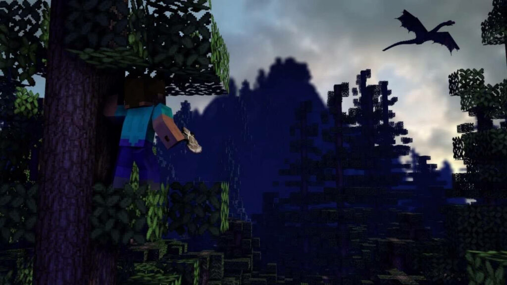 Dragon Encounter: A Breathtaking 4k Minecraft Masterpiece showcasing a Brave Warrior Facing a Fearsome Dragon with an Axe Wallpaper