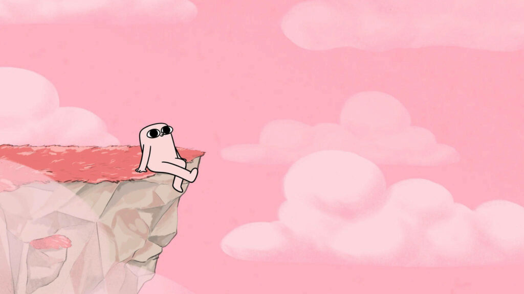 Ketnipz white Bean character relaxing on rocky cliff with pastel pink sky and fluffy clouds wallpaper