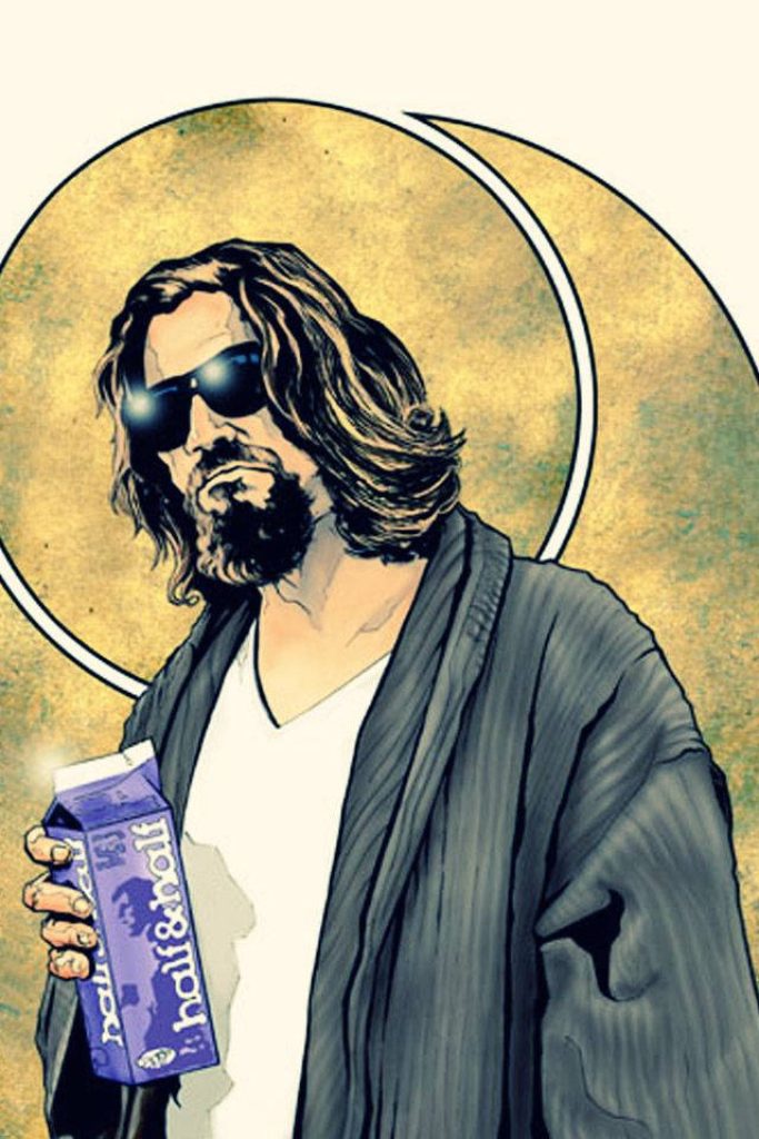 The Dude from The Big Lebowski in bathrobe sunglasses holding half and half with golden halo Wallpaper