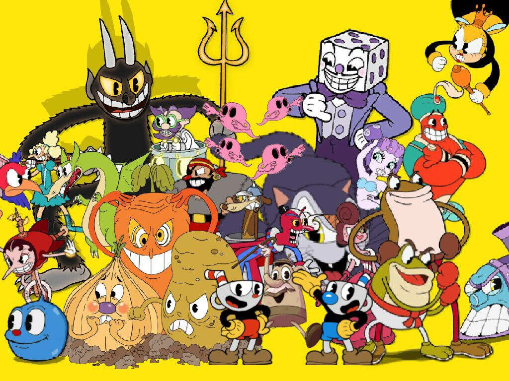 The Colorful Lineup: A Vibrant Display of Cuphead's Classic Bosses, United on a Lively Yellow Canvas Wallpaper