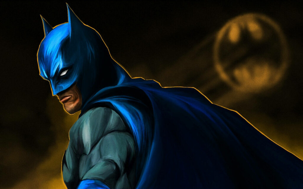 The Dark Knight's Emblematic Pose: Batman in His Iconic Blue Cape and Mask, Silhouetted by His Emblem Wallpaper