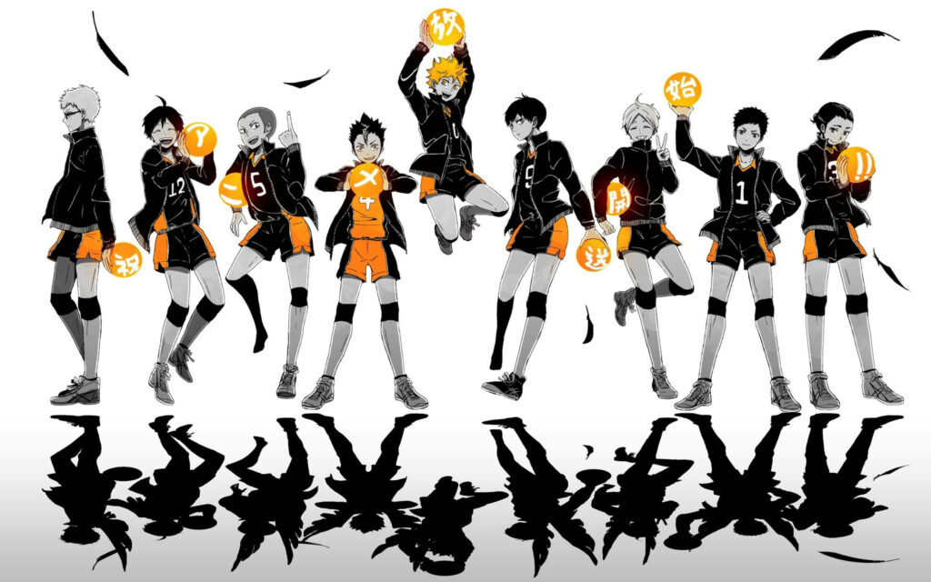 Karasuno High School Volleyball: Unleashing the Spirit in Orange and Black Uniforms - Vibrant Haikyuu Anime Wallpaper