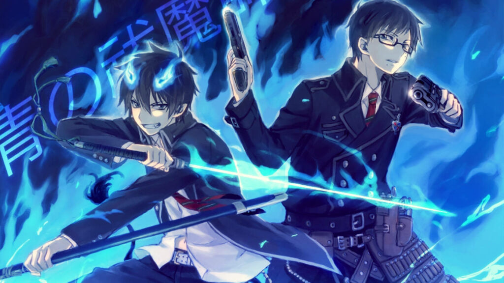 Demonic Duo Unleashed: The Dynamic Exorcist Brothers in Action - Blue Exorcist Background Shot Wallpaper