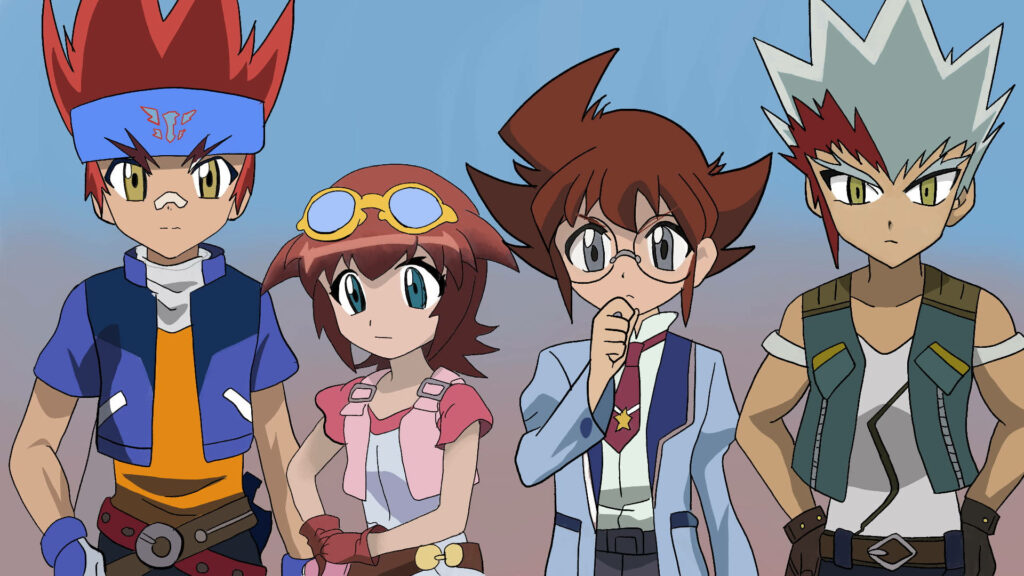 The Dynamic Quartet: Uniting Forces in the Beyblade Arena Wallpaper