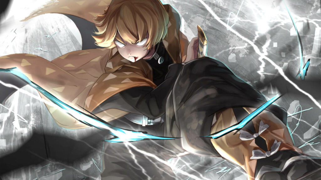 Zenitsu Agatsuma Embracing the Chaos: Unleashing the Power of His Nichirin Katana - Demon Slayer Zenitsu Background Image Wallpaper
