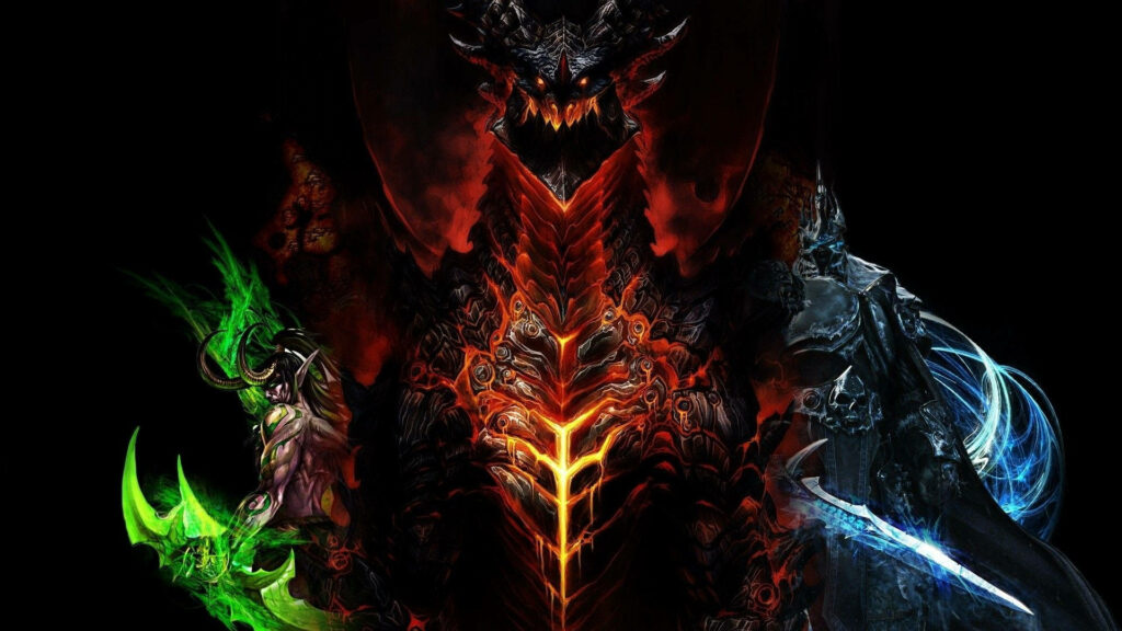 The Elemental Trio: Fire, Ice, and Grass Demons Against a Dark Canvas Wallpaper
