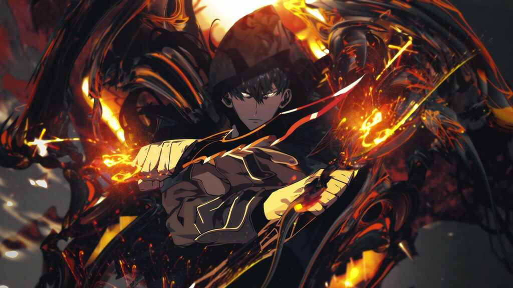 The Awakening: HD Wallpaper of Sung Jin Woo from Solo Leveling, Depicting a Dark and Enigmatic Anime Boy on a Striking Black Background