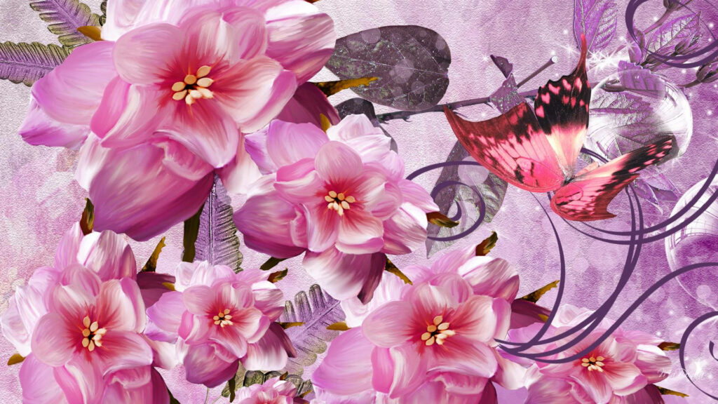 Enchanting Marvel: A Pink Butterfly Soaring amidst Cherry Blossoms alight a Dreamy Purple Backdrop Wallpaper