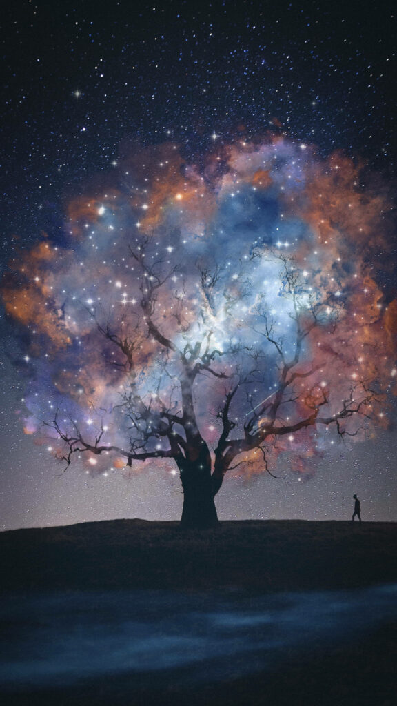 Ethereal Fusion: Cosmic Man and the Enchanted Oak Wallpaper