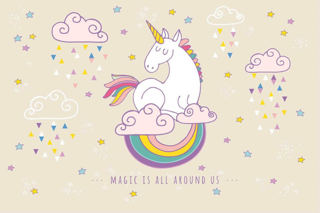Whimsical white unicorn with rainbow mane on cloud surrounded by stars pastel confetti cream background Wallpaper