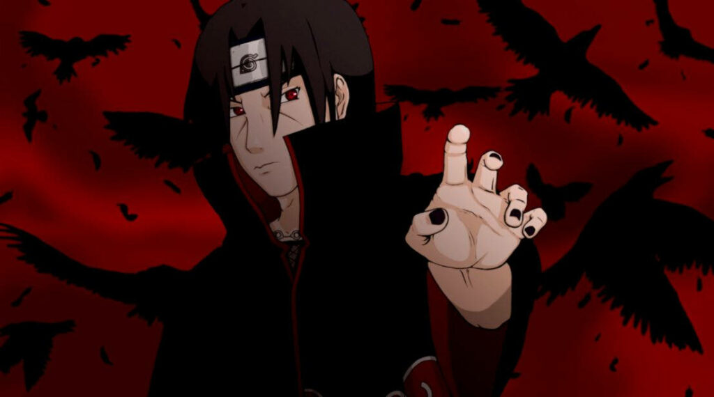 Ethereal Itachi: Gazing Upon a Raven-Rich Crimson Sky for an Impressive Profile Picture Background Wallpaper