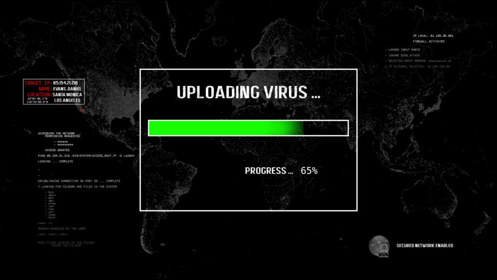 Hacker's Digital Intrusion: Dynamic 3D Wallpaper Showcasing a Virus being Uploaded on a Darkened Computer Screen