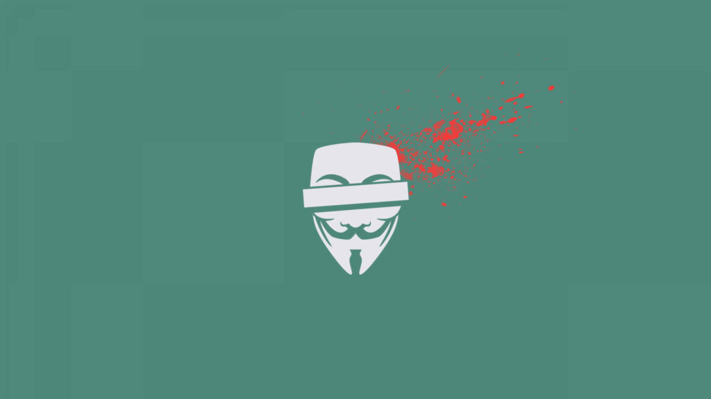 The Enigmatic White Hacker Mask: Embodiment of Stealth and Technological Mastery amidst a Grisly Affair Wallpaper
