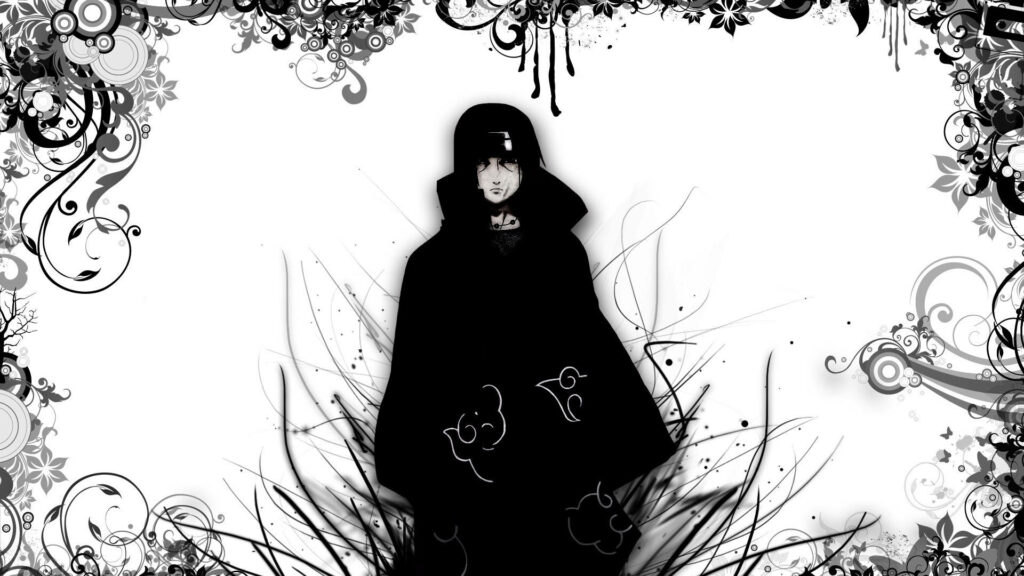 Silent Shadows: Uchiha Itachi's Akatsuki Persona Unveiled in Monochrome Charm Wallpaper