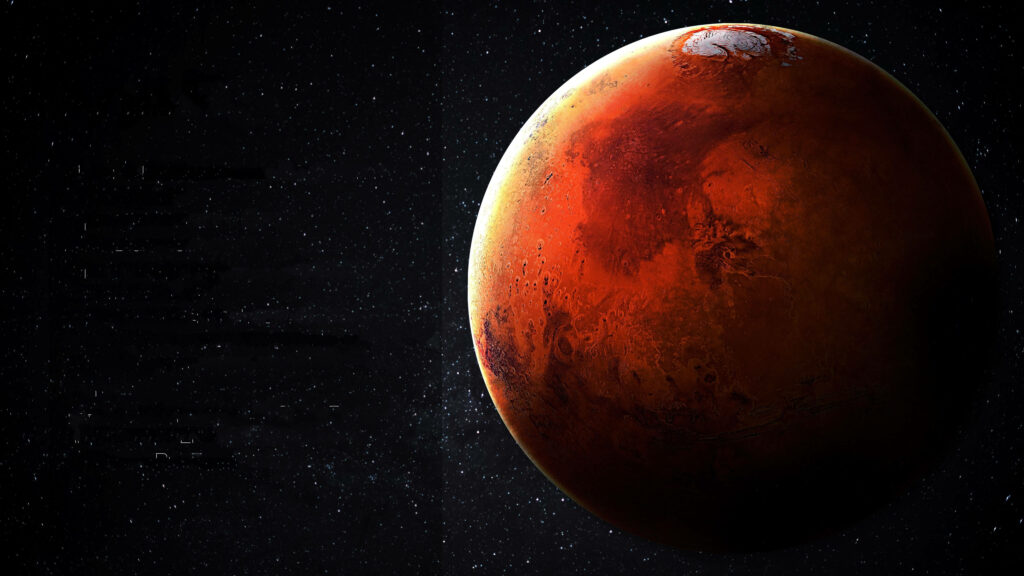 Majestic Darkness: A Mesmerizing Realistic Mars Poster Revealing Mysterious Shadows and Star-Filled Space Wallpaper
