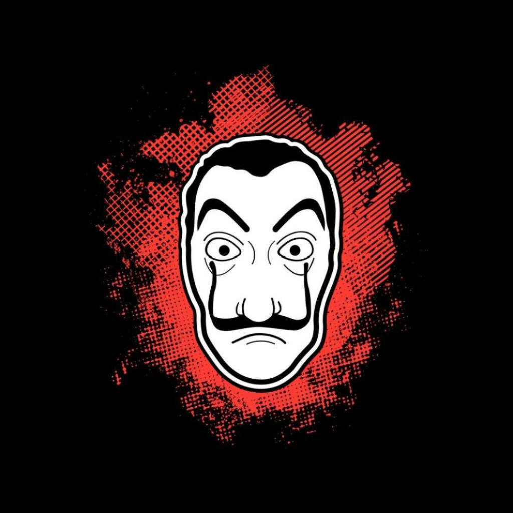 The Intriguing Masterpiece: Red-Splattered Money Heist Mask Captured in Dark Canvas Wallpaper