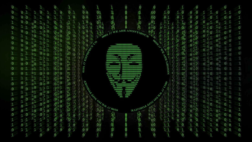 Unmasking the Cyber Ghost: A Full HD Hacker Illustration Revealing the Enigmatic Green Mask and Numeric Code Fusion on a Black Backdrop Wallpaper