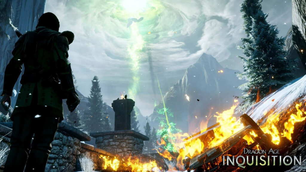 Portal of Destiny: A Dark Figure's Encounter with the Sky Dragon in the HD World of Dragon Age Inquisition Wallpaper